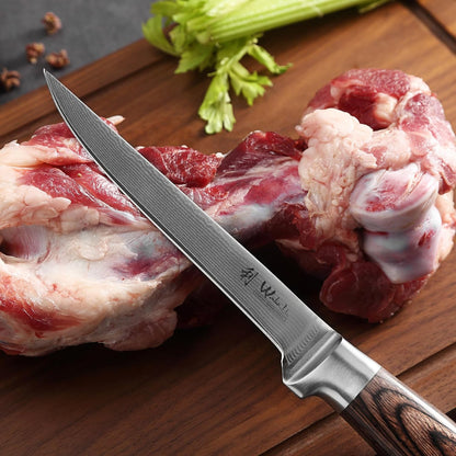 EDIB Meat Carving Knife, 7-Inch High Carbon Stainless Steel Blade | Meat knife for BBQ, roasts, and poultry, kitchen knife with VG10 Damascus blade and ergonomic pakkawood handle in gift box.