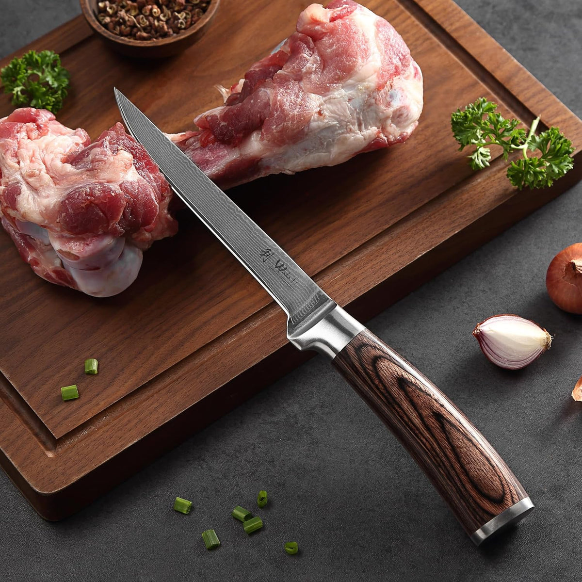 EDIB Meat Carving Knife, 7-Inch High Carbon Stainless Steel Blade | Meat knife for BBQ, roasts, and poultry, kitchen knife with VG10 Damascus blade and ergonomic pakkawood handle in gift box.