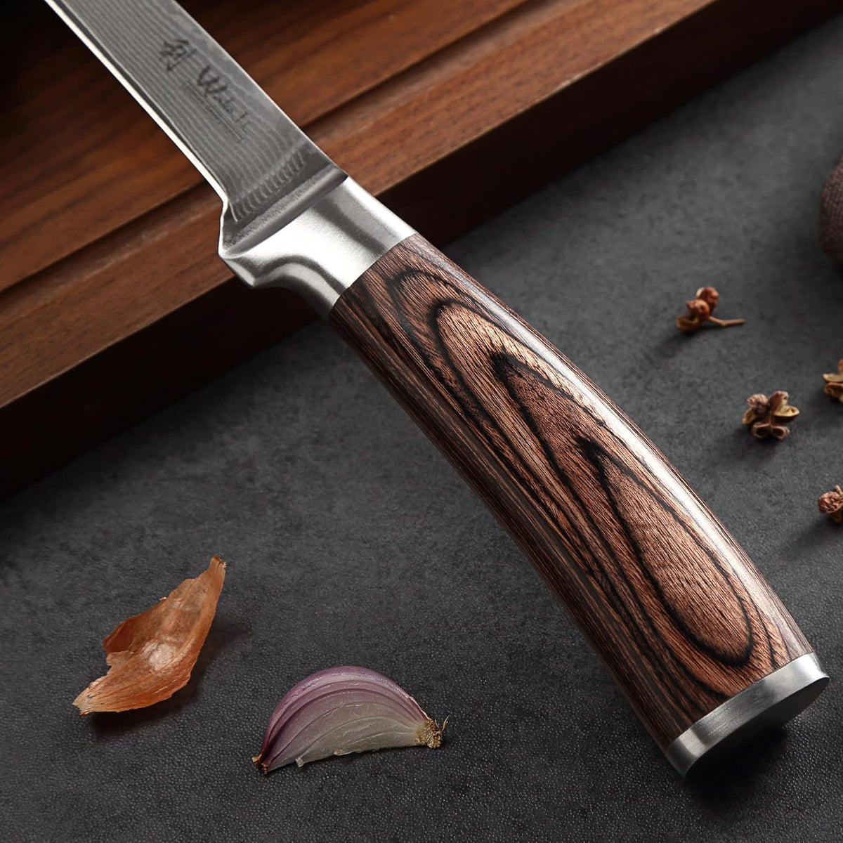 EDIB Meat Carving Knife, 7-Inch High Carbon Stainless Steel Blade | Meat knife for BBQ, roasts, and poultry, kitchen knife with VG10 Damascus blade and ergonomic pakkawood handle in gift box.