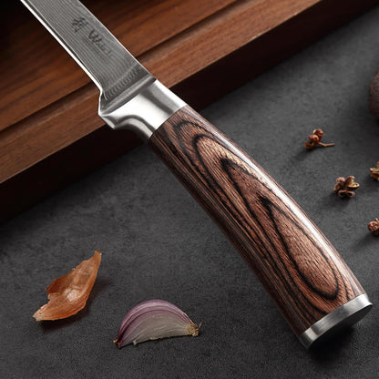 EDIB Meat Carving Knife, 7-Inch High Carbon Stainless Steel Blade | Meat knife for BBQ, roasts, and poultry, kitchen knife with VG10 Damascus blade and ergonomic pakkawood handle in gift box.
