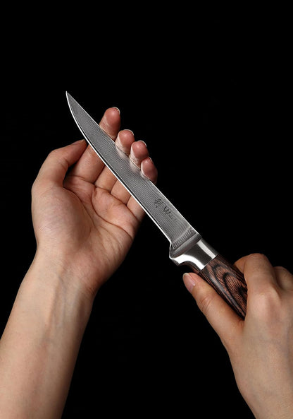 EDIB Meat Carving Knife, 7-Inch High Carbon Stainless Steel Blade | Meat knife for BBQ, roasts, and poultry, kitchen knife with VG10 Damascus blade and ergonomic pakkawood handle in gift box.