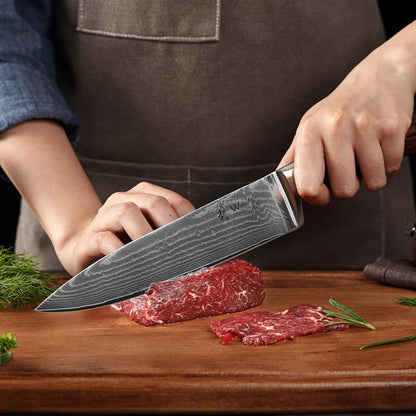 EDIB Meat Carving Knife, 7-Inch High Carbon Stainless Steel Blade | Meat knife for BBQ, roasts, and poultry, kitchen knife with VG10 Damascus blade and ergonomic pakkawood handle in gift box.