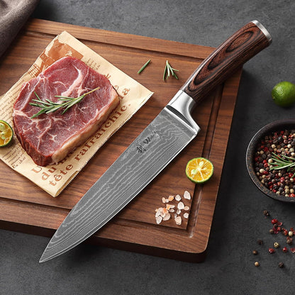 EDIB Meat Carving Knife, 7-Inch High Carbon Stainless Steel Blade | Meat knife for BBQ, roasts, and poultry, kitchen knife with VG10 Damascus blade and ergonomic pakkawood handle in gift box.