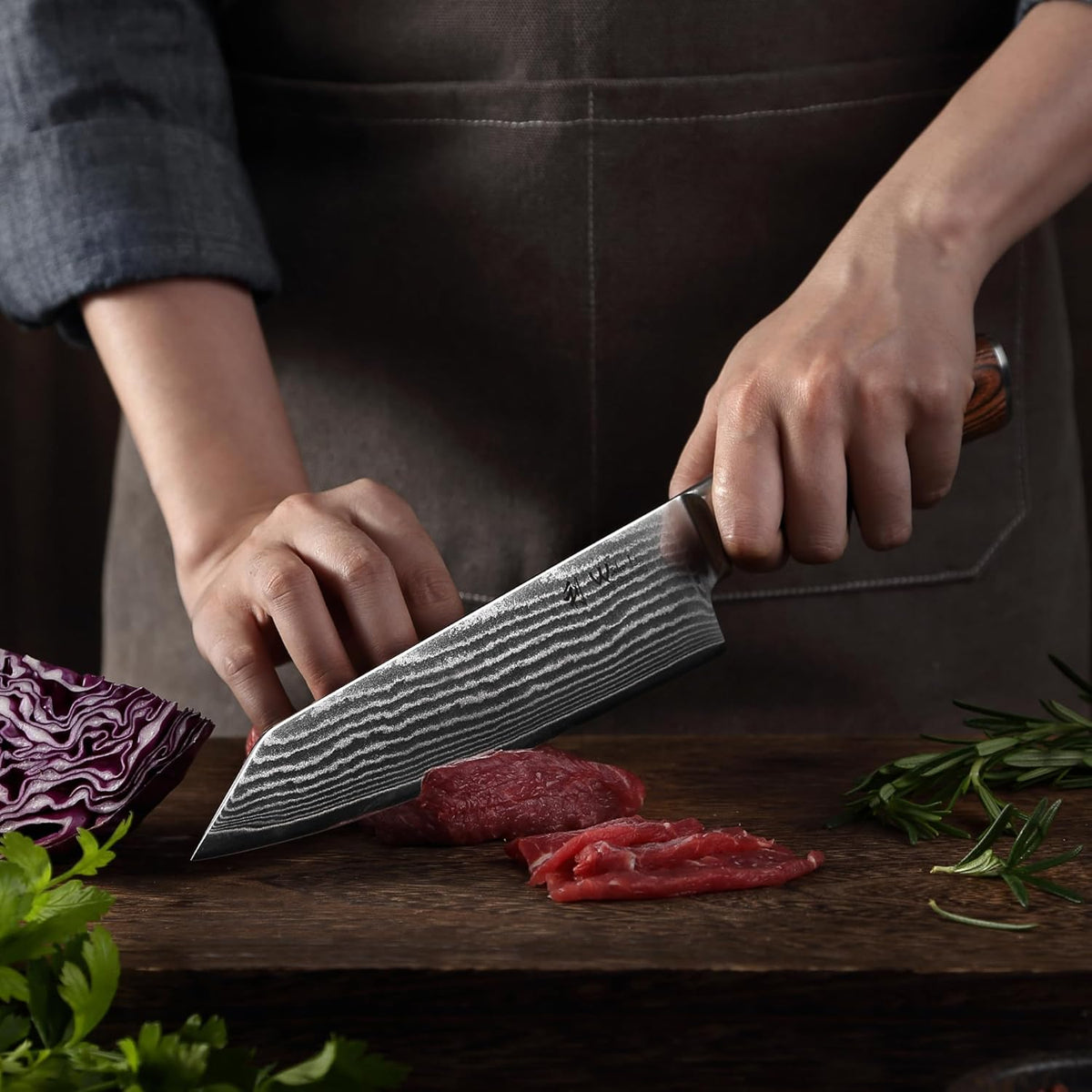 EDIB Meat Carving Knife, 7-Inch High Carbon Stainless Steel Blade | Meat knife for BBQ, roasts, and poultry, kitchen knife with VG10 Damascus blade and ergonomic pakkawood handle in gift box.