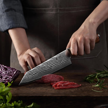 EDIB Meat Carving Knife, 7-Inch High Carbon Stainless Steel Blade | Meat knife for BBQ, roasts, and poultry, kitchen knife with VG10 Damascus blade and ergonomic pakkawood handle in gift box.