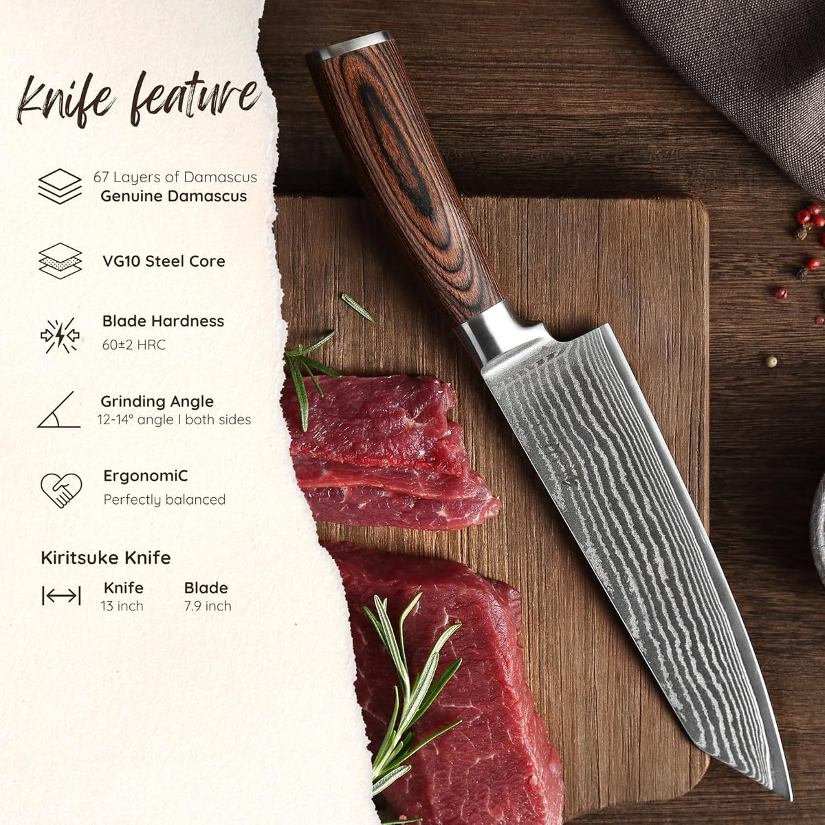EDIB Meat Carving Knife, 7-Inch High Carbon Stainless Steel Blade | Meat knife for BBQ, roasts, and poultry, kitchen knife with VG10 Damascus blade and ergonomic pakkawood handle in gift box.