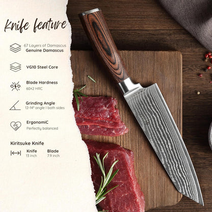 EDIB Meat Carving Knife, 7-Inch High Carbon Stainless Steel Blade | Meat knife for BBQ, roasts, and poultry, kitchen knife with VG10 Damascus blade and ergonomic pakkawood handle in gift box.