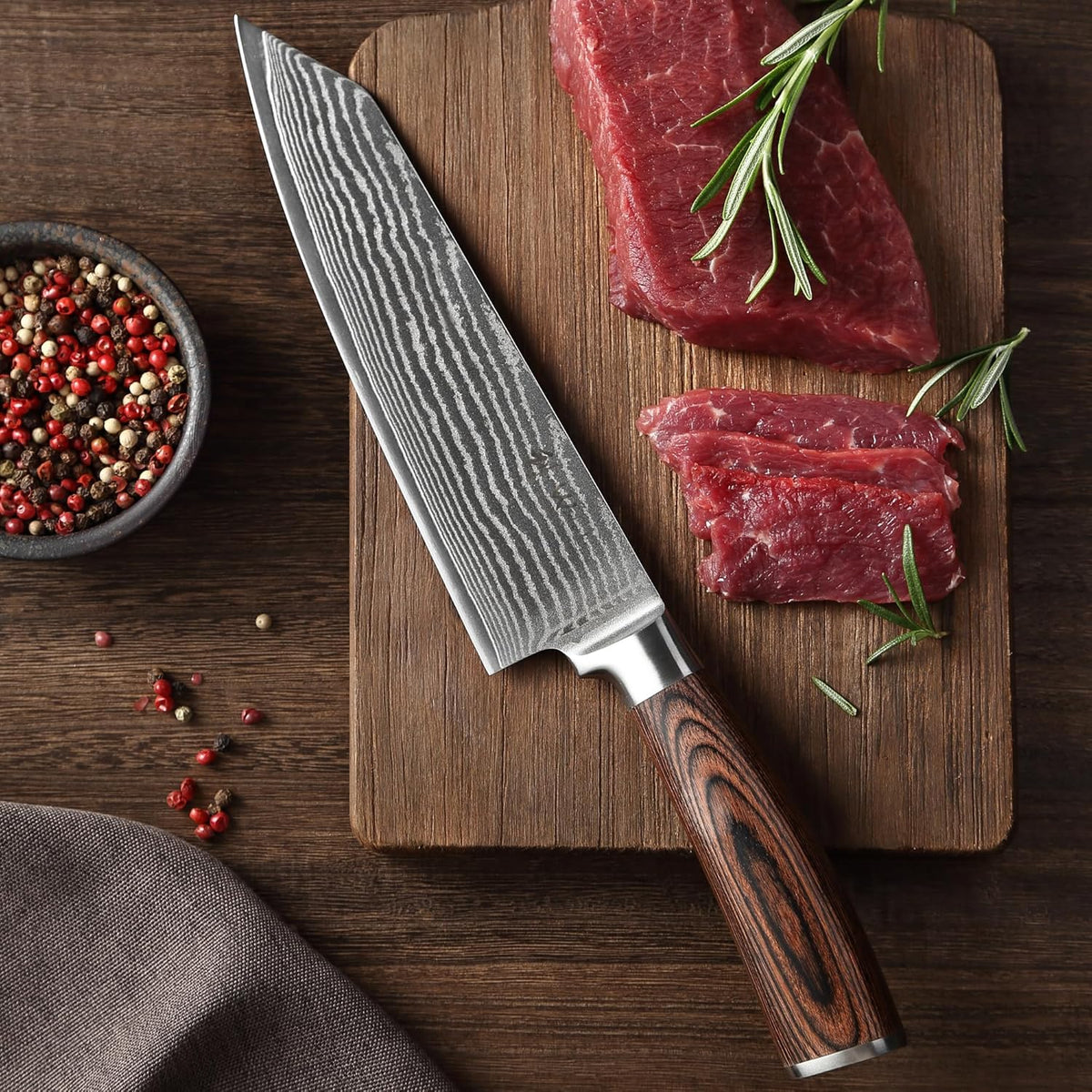 EDIB Meat Carving Knife, 7-Inch High Carbon Stainless Steel Blade | Meat knife for BBQ, roasts, and poultry, kitchen knife with VG10 Damascus blade and ergonomic pakkawood handle in gift box.