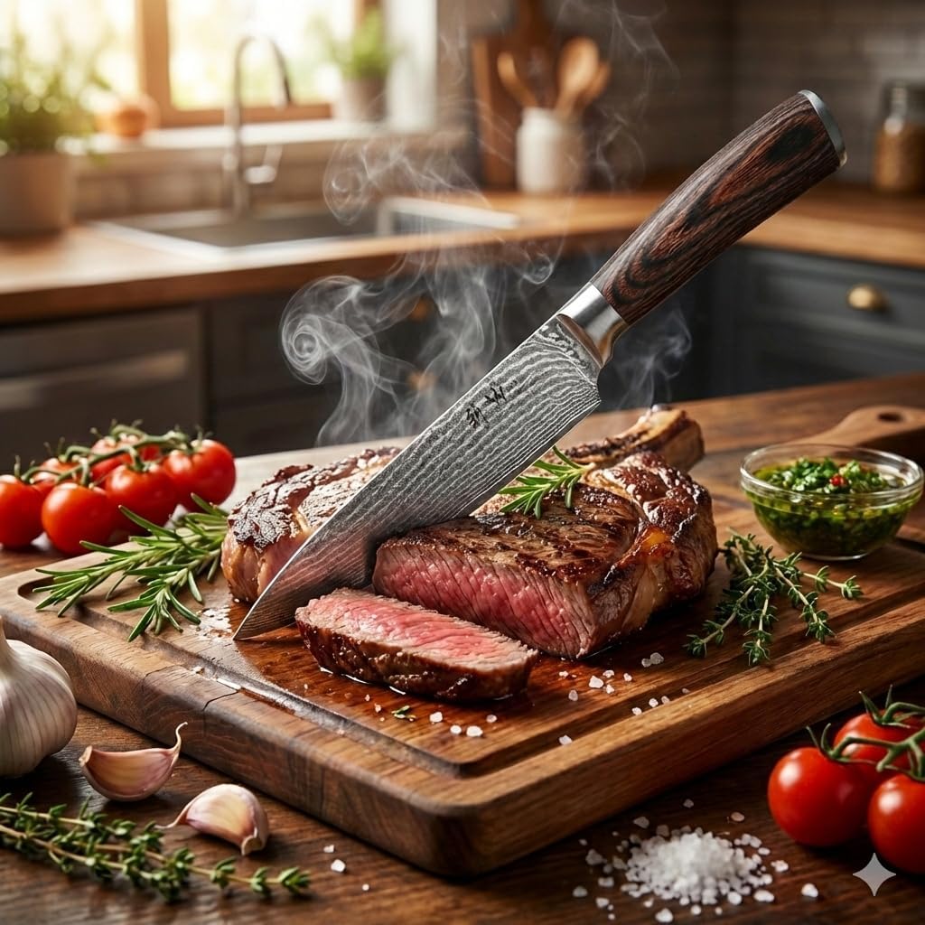 EDIB Meat Carving Knife, 7-Inch High Carbon Stainless Steel Blade | Meat knife for BBQ, roasts, and poultry, kitchen knife with VG10 Damascus blade and ergonomic pakkawood handle in gift box.
