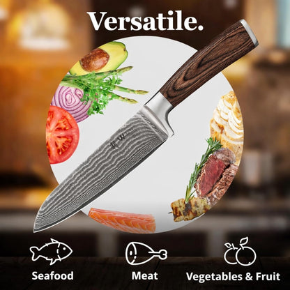 EDIB Meat Carving Knife, 7-Inch High Carbon Stainless Steel Blade | Meat knife for BBQ, roasts, and poultry, kitchen knife with VG10 Damascus blade and ergonomic pakkawood handle in gift box.
