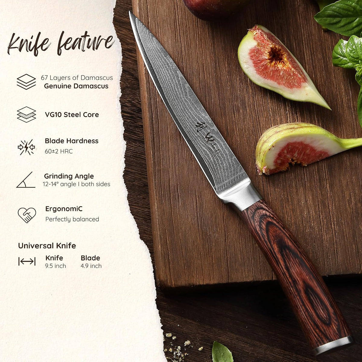 EDIB Meat Carving Knife, 7-Inch High Carbon Stainless Steel Blade | Meat knife for BBQ, roasts, and poultry, kitchen knife with VG10 Damascus blade and ergonomic pakkawood handle in gift box.