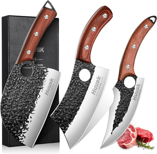 Huusk Kitchen Knife Set - Hand Forged Viking Chef Knives for Meat, Men Gift | Japanese High Carbon Steel Hand Forged, Butcher, Cleaver, Boning, Serbian Chef Knife, Rosewood Handle, for Home & Outdoor BBQ