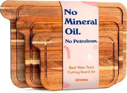 Non-Toxic Acacia Cutting Board Set of 3, Mineral Oil Free | Plastic & petroleum free. Laser-engraved icons prevent cross-contamination. FSC-certified. Beeswax & natural oils finish.