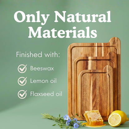 Non-Toxic Acacia Cutting Board Set of 3, Mineral Oil Free | Plastic & petroleum free. Laser-engraved icons prevent cross-contamination. FSC-certified. Beeswax & natural oils finish.