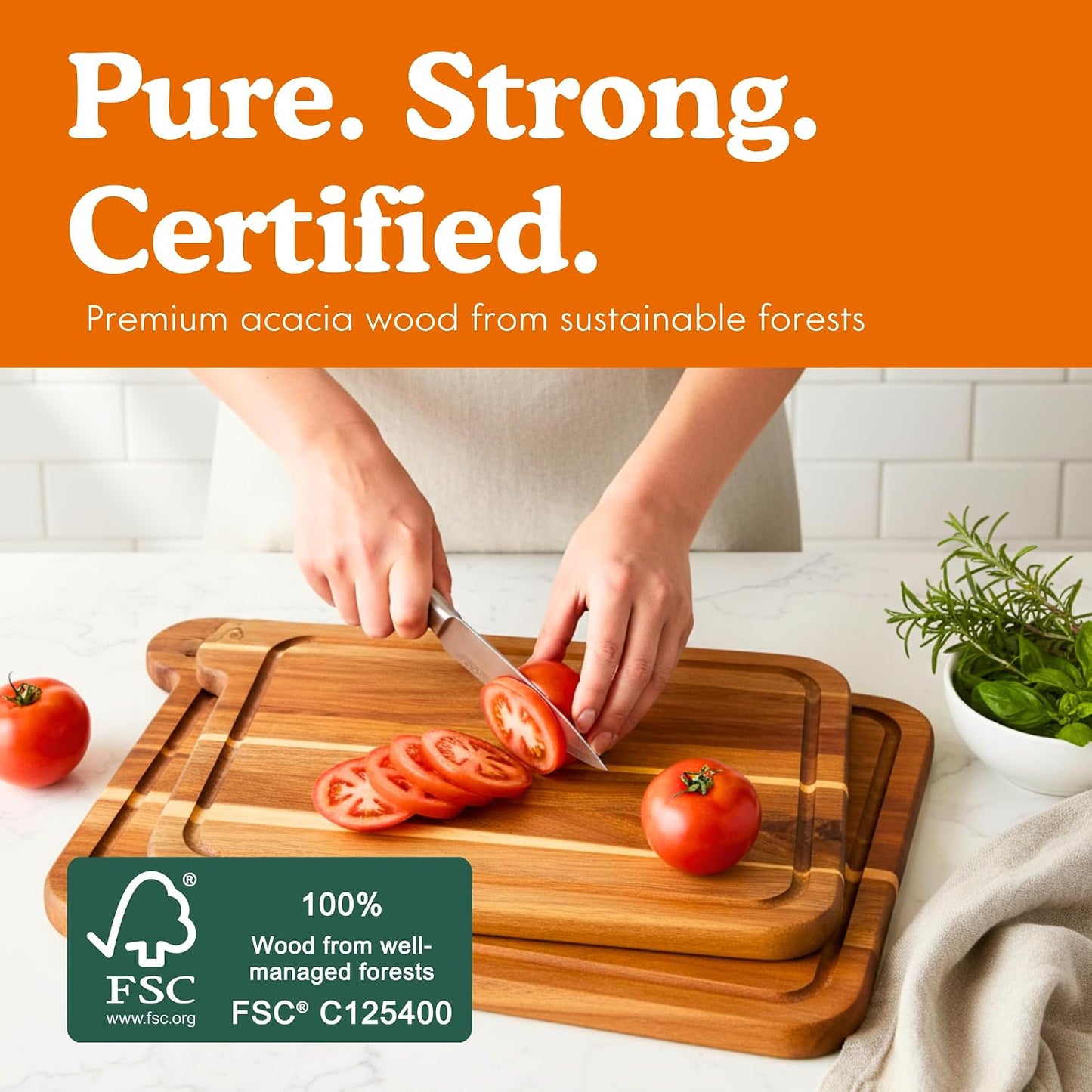 Non-Toxic Acacia Cutting Board Set of 3, Mineral Oil Free | Plastic & petroleum free. Laser-engraved icons prevent cross-contamination. FSC-certified. Beeswax & natural oils finish.