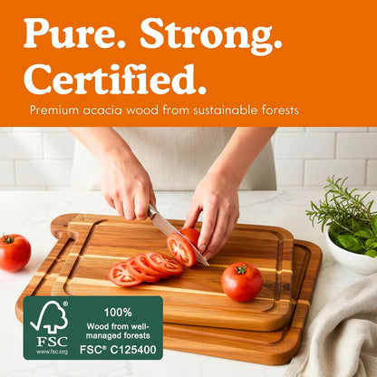 Non-Toxic Acacia Cutting Board Set of 3, Mineral Oil Free | Plastic & petroleum free. Laser-engraved icons prevent cross-contamination. FSC-certified. Beeswax & natural oils finish.