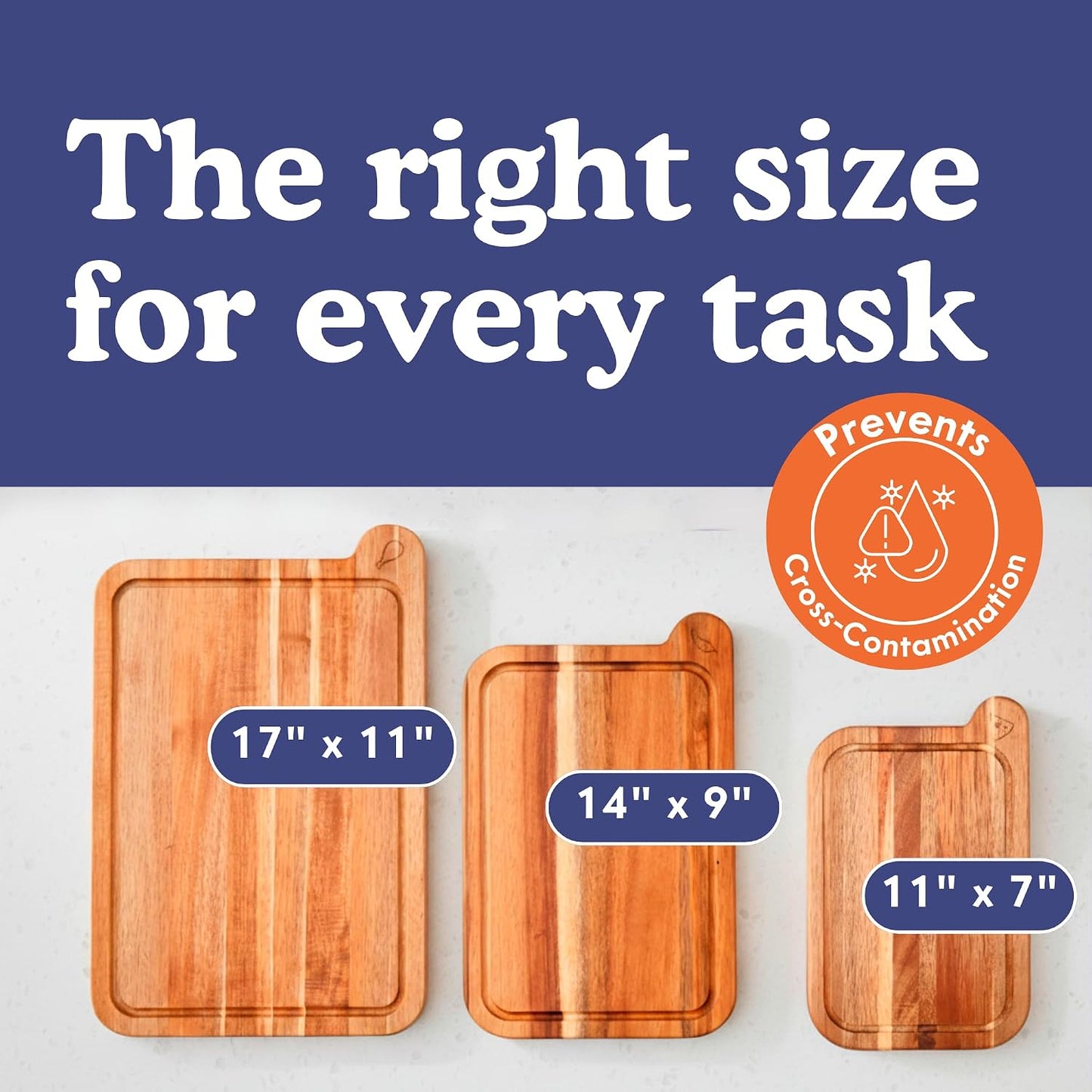 Non-Toxic Acacia Cutting Board Set of 3, Mineral Oil Free | Plastic & petroleum free. Laser-engraved icons prevent cross-contamination. FSC-certified. Beeswax & natural oils finish.