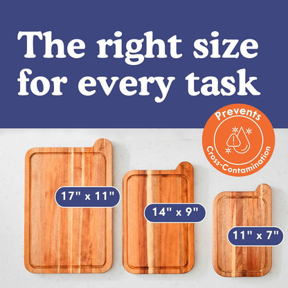 Non-Toxic Acacia Cutting Board Set of 3, Mineral Oil Free | Plastic & petroleum free. Laser-engraved icons prevent cross-contamination. FSC-certified. Beeswax & natural oils finish.