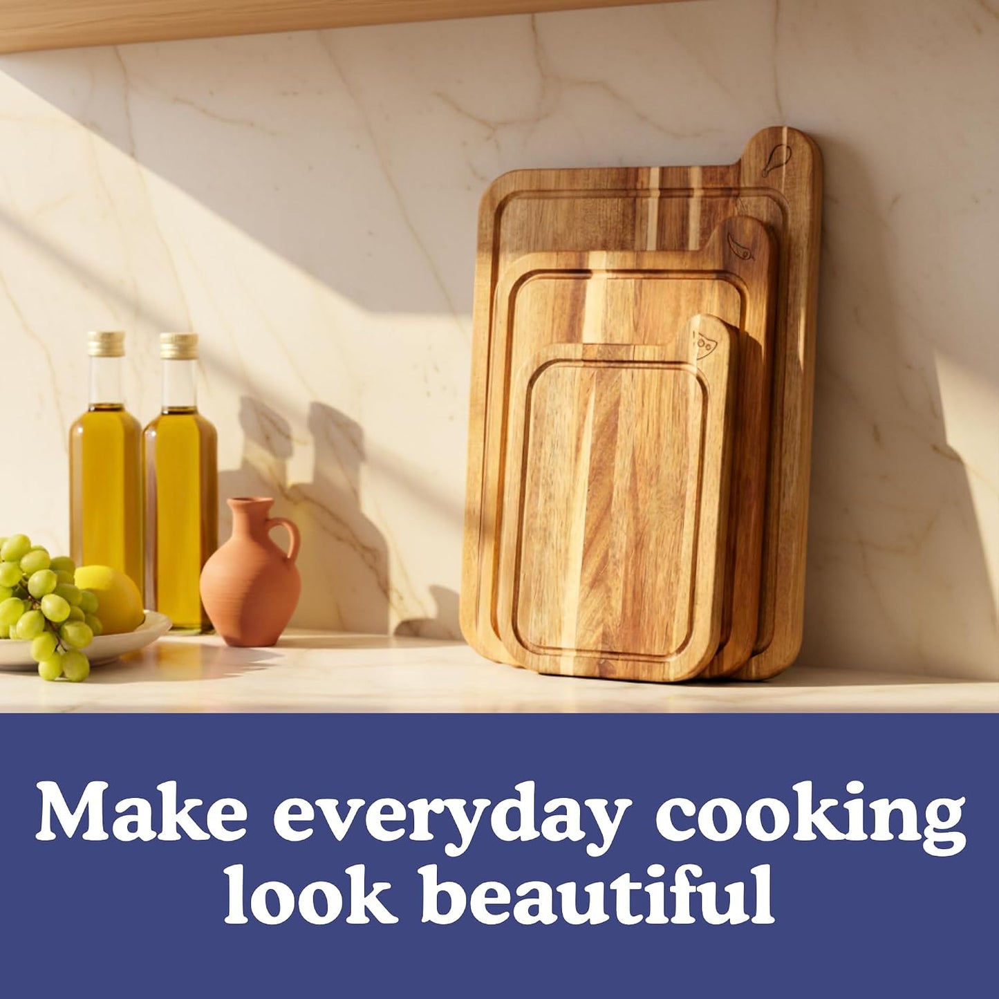 Non-Toxic Acacia Cutting Board Set of 3, Mineral Oil Free | Plastic & petroleum free. Laser-engraved icons prevent cross-contamination. FSC-certified. Beeswax & natural oils finish.