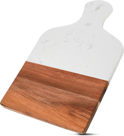 Marble and Acacia Wood Cutting Board, Charcuterie Chopping Board with Handle, Decorative Serving Board for Cheese, Steak, Bread, Fruit (white)