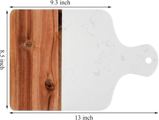 Marble and Acacia Wood Cutting Board, Charcuterie Chopping Board with Handle, Decorative Serving Board for Cheese, Steak, Bread, Fruit (white)