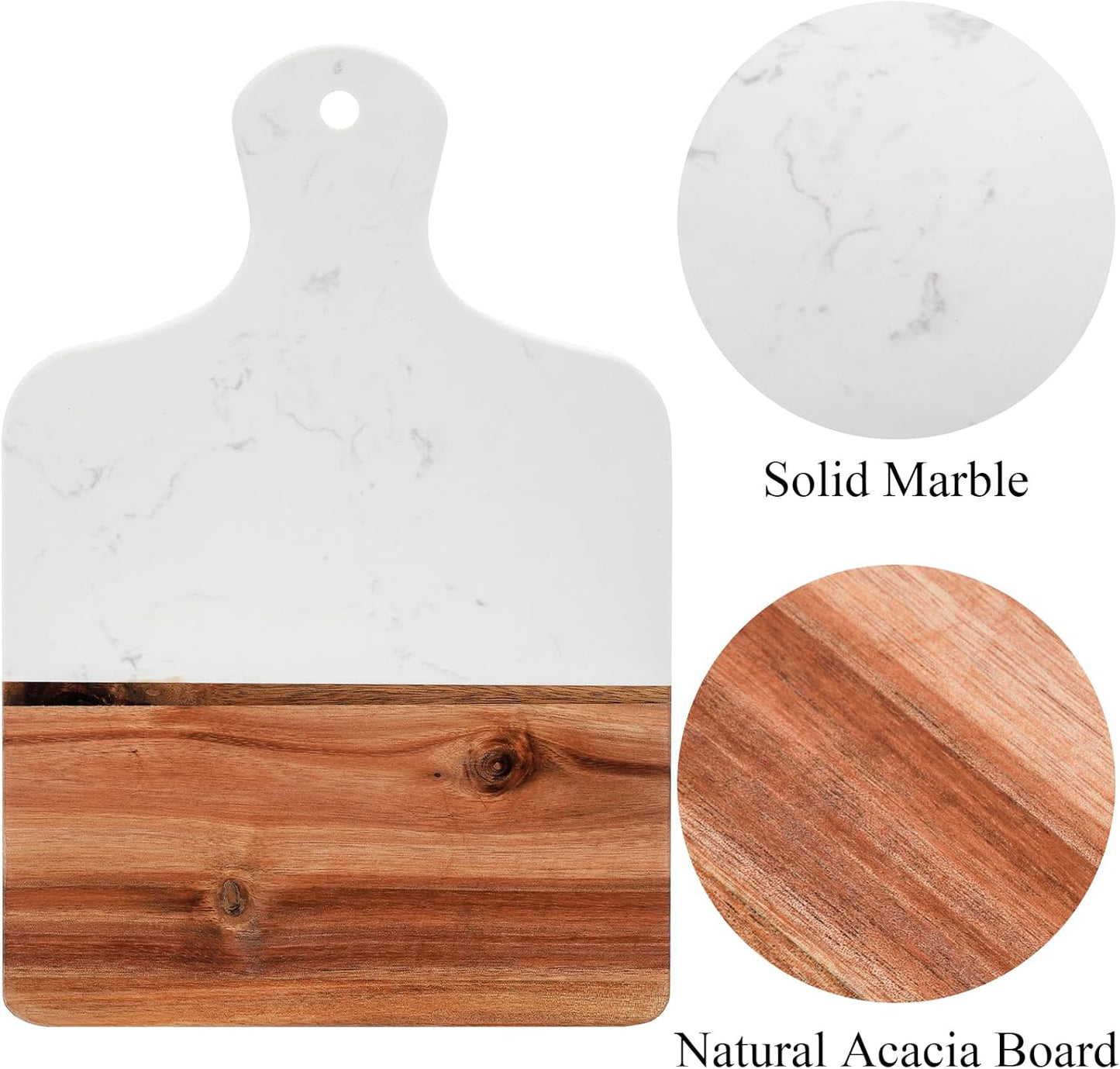 Marble and Acacia Wood Cutting Board, Charcuterie Chopping Board with Handle, Decorative Serving Board for Cheese, Steak, Bread, Fruit (white)