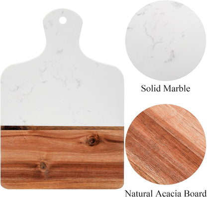 Marble and Acacia Wood Cutting Board, Charcuterie Chopping Board with Handle, Decorative Serving Board for Cheese, Steak, Bread, Fruit (white)