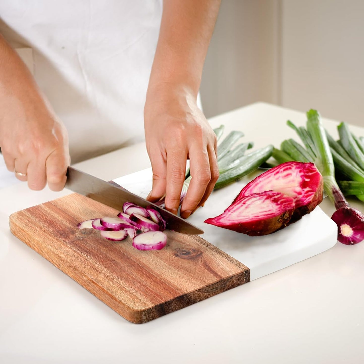 Marble and Acacia Wood Cutting Board, Charcuterie Chopping Board with Handle, Decorative Serving Board for Cheese, Steak, Bread, Fruit (white)