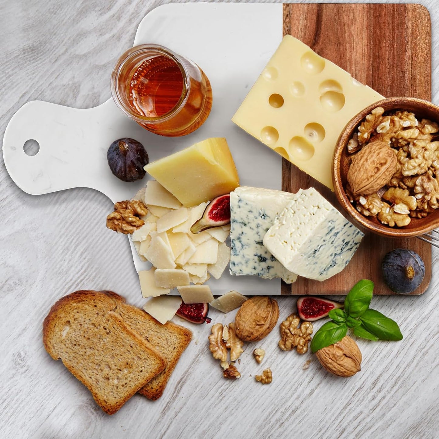 Marble and Acacia Wood Cutting Board, Charcuterie Chopping Board with Handle, Decorative Serving Board for Cheese, Steak, Bread, Fruit (white)