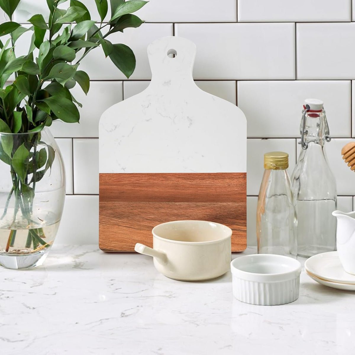 Marble and Acacia Wood Cutting Board, Charcuterie Chopping Board with Handle, Decorative Serving Board for Cheese, Steak, Bread, Fruit (white)