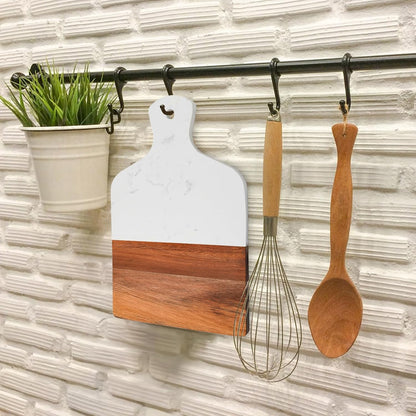 Marble and Acacia Wood Cutting Board, Charcuterie Chopping Board with Handle, Decorative Serving Board for Cheese, Steak, Bread, Fruit (white)