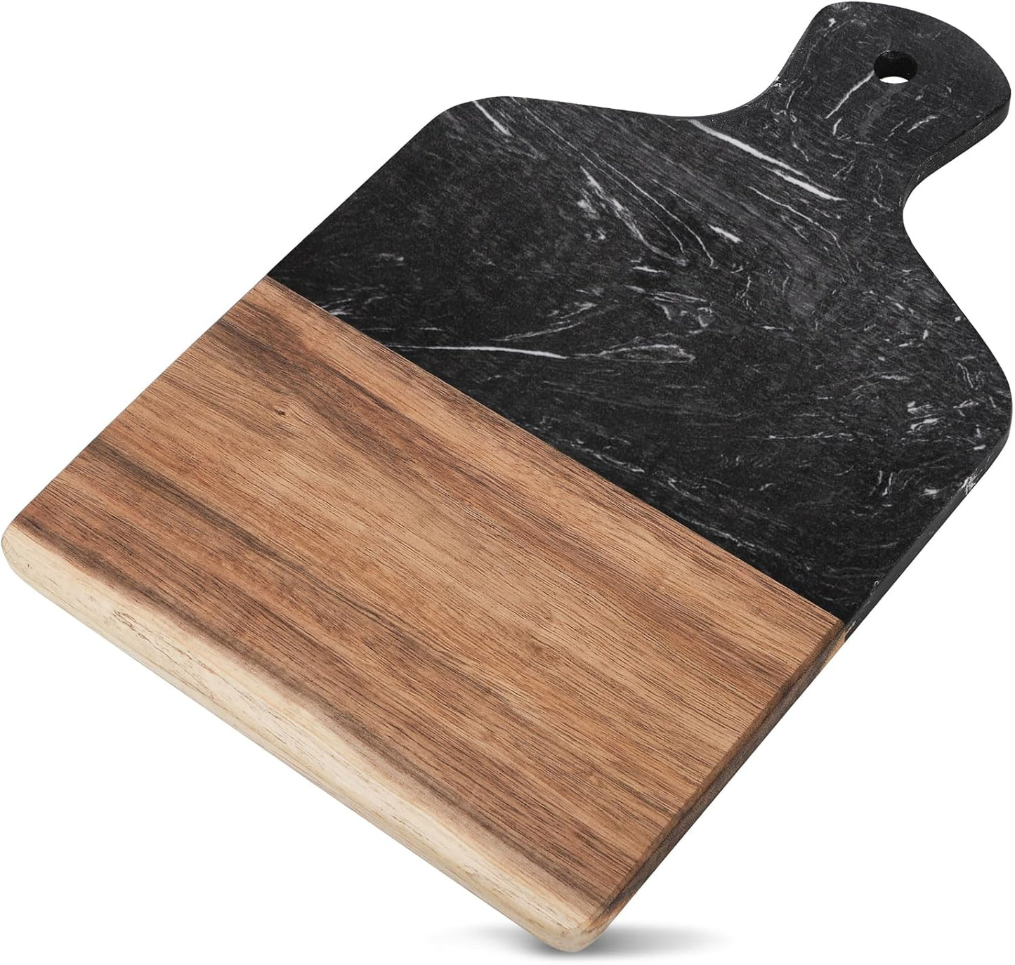 Marble and Acacia Wood Cutting Board, Charcuterie Chopping Board with Handle, Decorative Serving Board for Cheese, Steak, Bread, Fruit (white)
