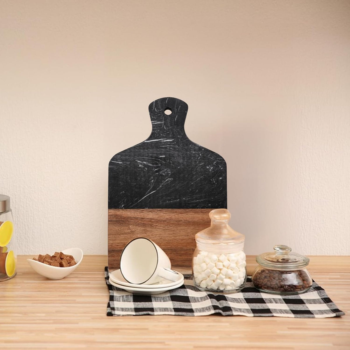 Marble and Acacia Wood Cutting Board, Charcuterie Chopping Board with Handle, Decorative Serving Board for Cheese, Steak, Bread, Fruit (white)