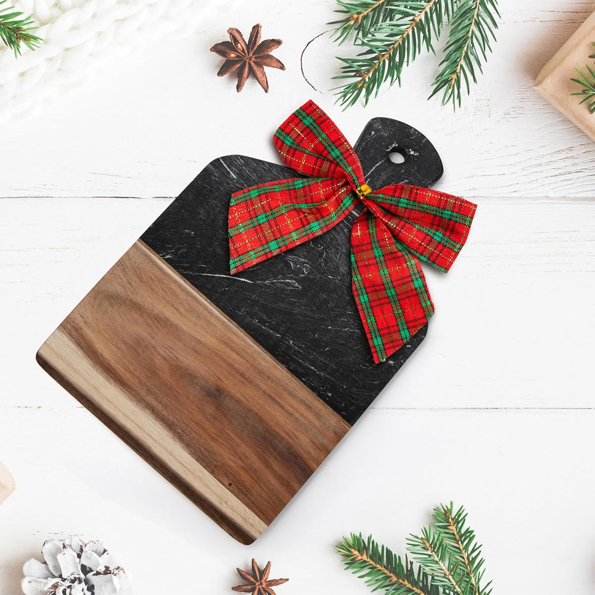 Marble and Acacia Wood Cutting Board, Charcuterie Chopping Board with Handle, Decorative Serving Board for Cheese, Steak, Bread, Fruit (white)