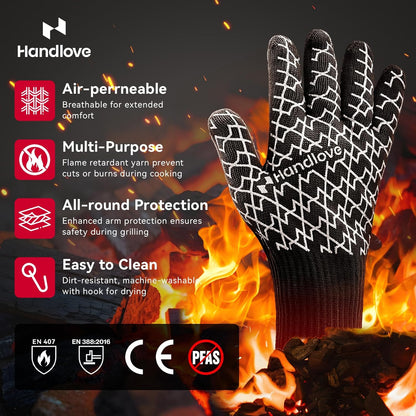 BBQ Gloves, Oven Gloves with Fingers –1472℉ Heat Resistant Gloves for Grilling | Aramid Retardant Non-Slip Grip, Long Cuff Mitts, Black,L