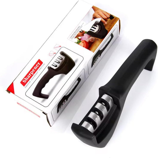 3-Stage Manual Knife Sharpener – Professional Kitchen Knife Sharpening Tool with Non-Slip Base & Ergonomic Handle – Coarse, Fine & Ceramic Slots – Portable & Easy to Use, Black