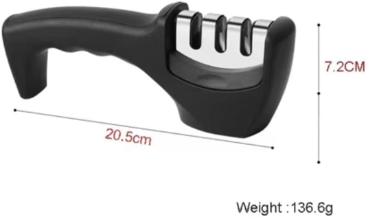 3-Stage Manual Knife Sharpener – Professional Kitchen Knife Sharpening Tool with Non-Slip Base & Ergonomic Handle – Coarse, Fine & Ceramic Slots – Portable & Easy to Use, Black