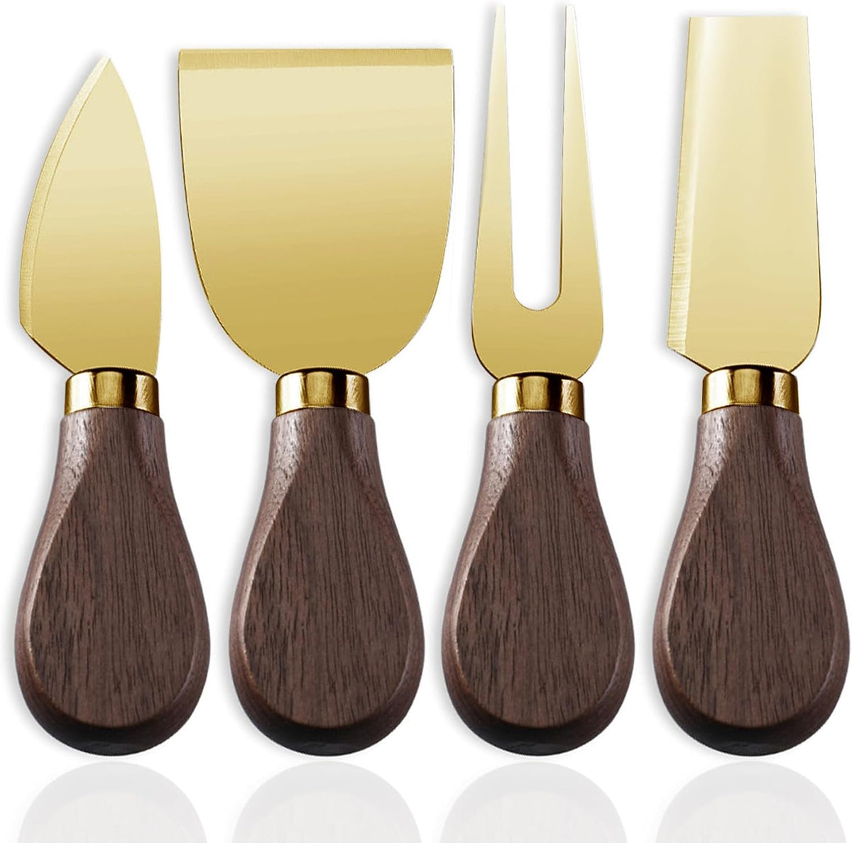 4-Piece Set of Stainless Steel Cheese Knives with Wood Hand, Including Cheese Slicer and Cheese Cutters, Essential Cheese Tools for the Kitchen (Walnut handle, Gold)