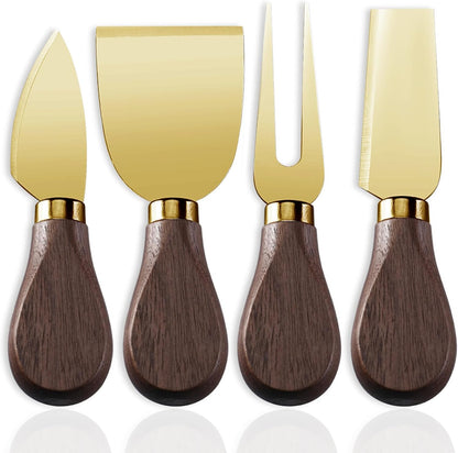 4-Piece Set of Stainless Steel Cheese Knives with Wood Hand, Including Cheese Slicer and Cheese Cutters, Essential Cheese Tools for the Kitchen (Walnut handle, Gold)