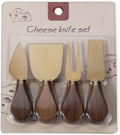 4-Piece Set of Stainless Steel Cheese Knives with Wood Hand, Including Cheese Slicer and Cheese Cutters, Essential Cheese Tools for the Kitchen (Walnut handle, Gold)