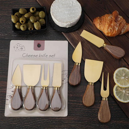 4-Piece Set of Stainless Steel Cheese Knives with Wood Hand, Including Cheese Slicer and Cheese Cutters, Essential Cheese Tools for the Kitchen (Walnut handle, Gold)