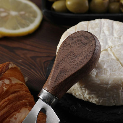4-Piece Set of Stainless Steel Cheese Knives with Wood Hand, Including Cheese Slicer and Cheese Cutters, Essential Cheese Tools for the Kitchen (Walnut handle, Gold)