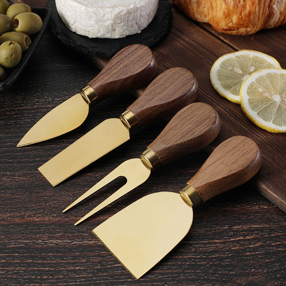 4-Piece Set of Stainless Steel Cheese Knives with Wood Hand, Including Cheese Slicer and Cheese Cutters, Essential Cheese Tools for the Kitchen (Walnut handle, Gold)