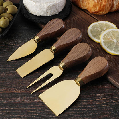 4-Piece Set of Stainless Steel Cheese Knives with Wood Hand, Including Cheese Slicer and Cheese Cutters, Essential Cheese Tools for the Kitchen (Walnut handle, Gold)