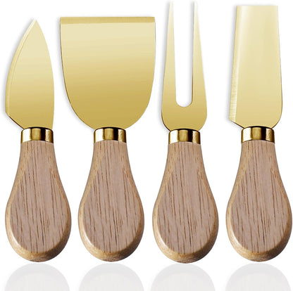 4-Piece Set of Stainless Steel Cheese Knives with Wood Hand, Including Cheese Slicer and Cheese Cutters, Essential Cheese Tools for the Kitchen (Walnut handle, Gold)