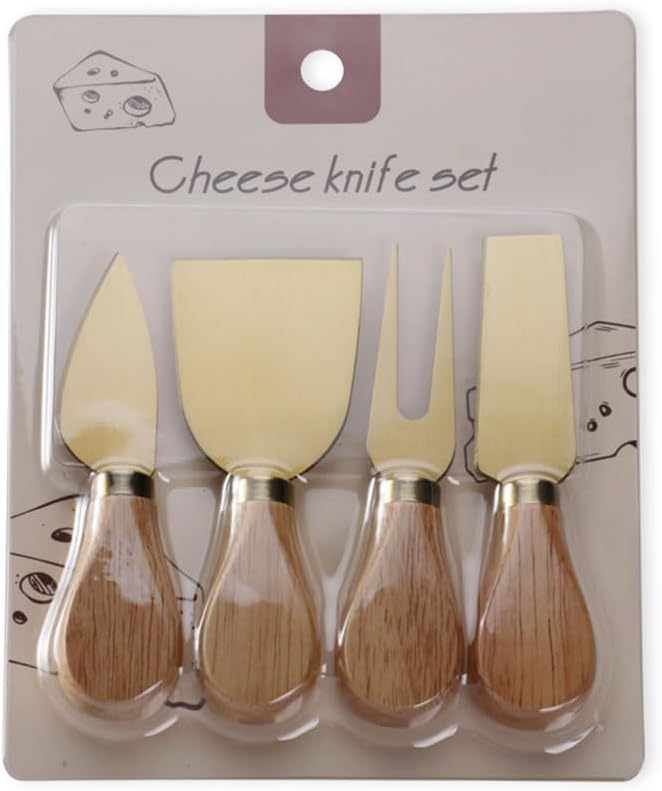 4-Piece Set of Stainless Steel Cheese Knives with Wood Hand, Including Cheese Slicer and Cheese Cutters, Essential Cheese Tools for the Kitchen (Walnut handle, Gold)