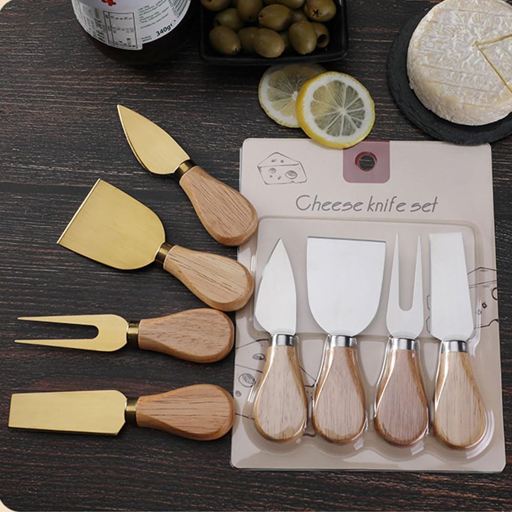 4-Piece Set of Stainless Steel Cheese Knives with Wood Hand, Including Cheese Slicer and Cheese Cutters, Essential Cheese Tools for the Kitchen (Walnut handle, Gold)