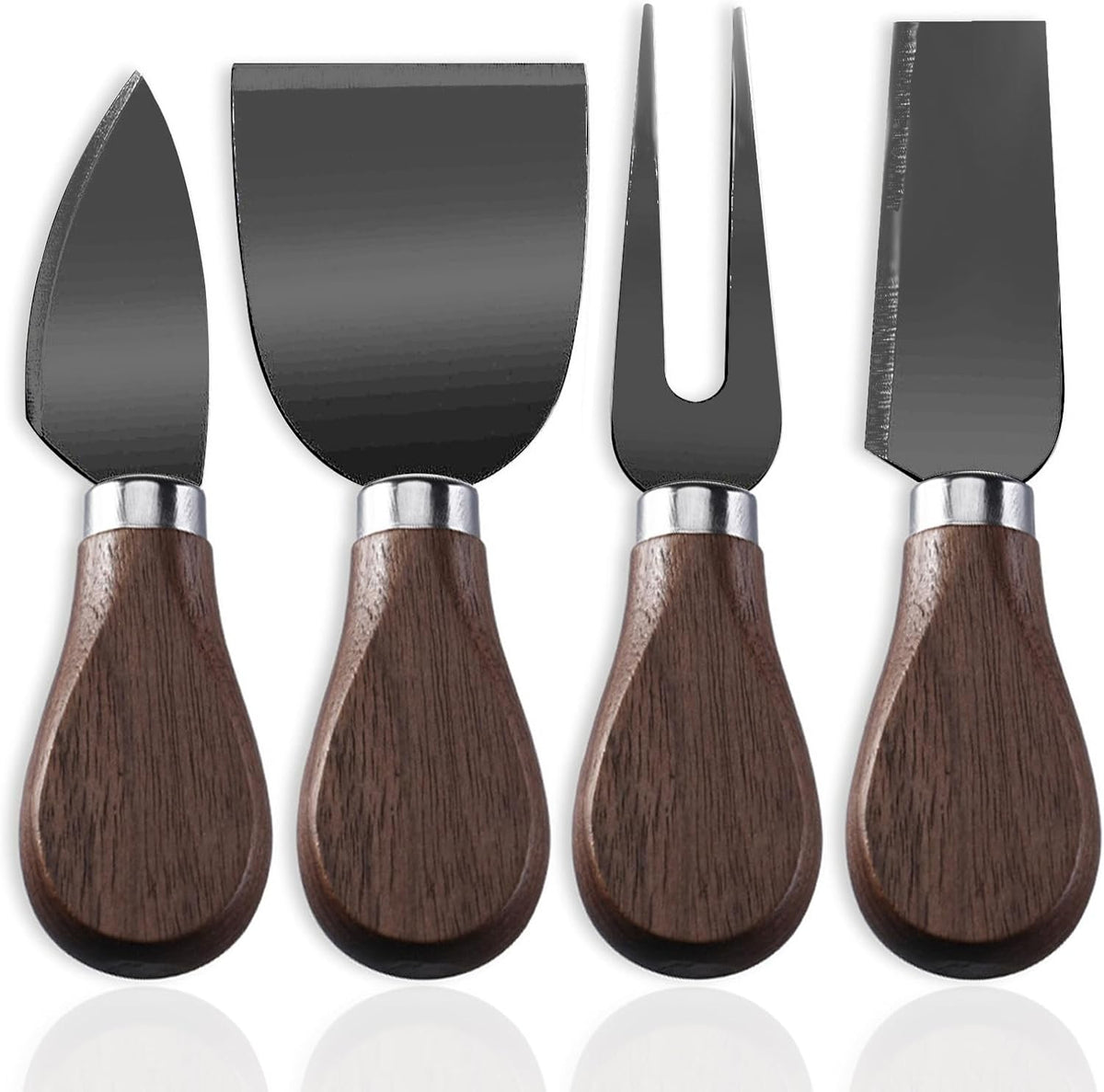 4-Piece Set of Stainless Steel Cheese Knives with Wood Hand, Including Cheese Slicer and Cheese Cutters, Essential Cheese Tools for the Kitchen (Walnut handle, Gold)