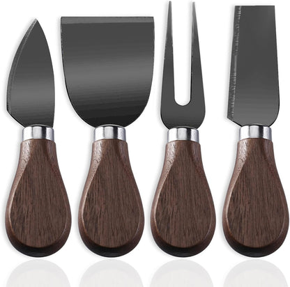 4-Piece Set of Stainless Steel Cheese Knives with Wood Hand, Including Cheese Slicer and Cheese Cutters, Essential Cheese Tools for the Kitchen (Walnut handle, Gold)