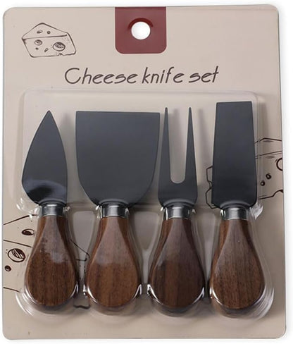 4-Piece Set of Stainless Steel Cheese Knives with Wood Hand, Including Cheese Slicer and Cheese Cutters, Essential Cheese Tools for the Kitchen (Walnut handle, Gold)